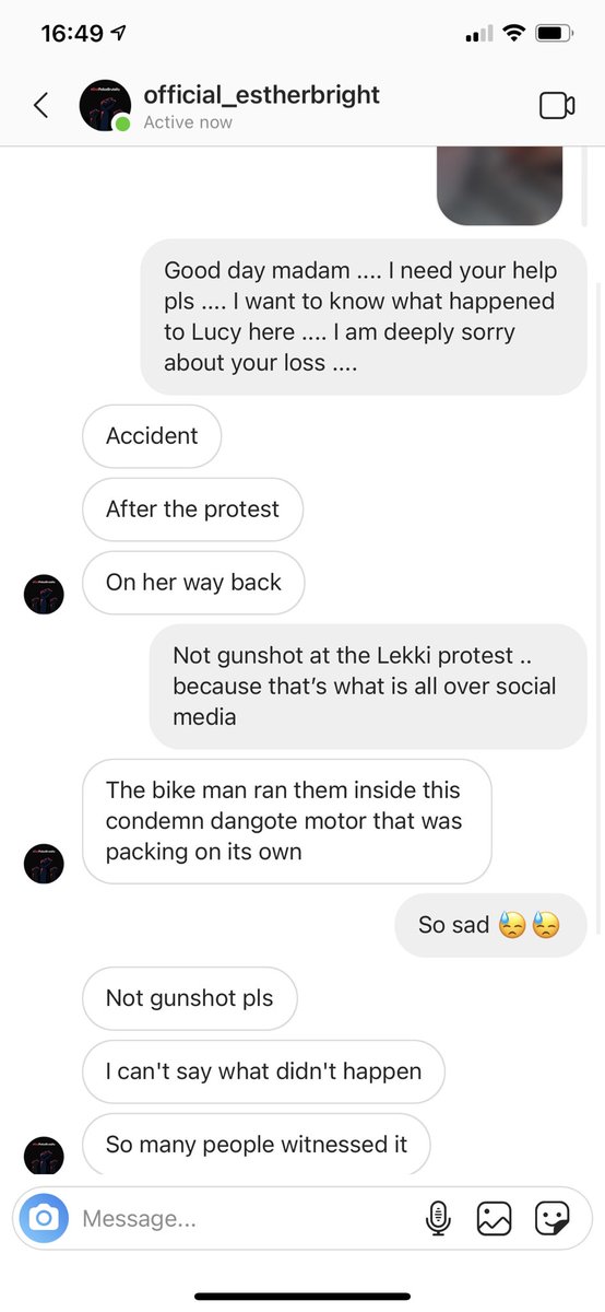 Yet another follow up. A chat with the friend of the girl in the middle that posted the story on WhatsApp. If she died in an accident, why in God's name were we spreading images of her death to pass as  #LekkiMassacre?
