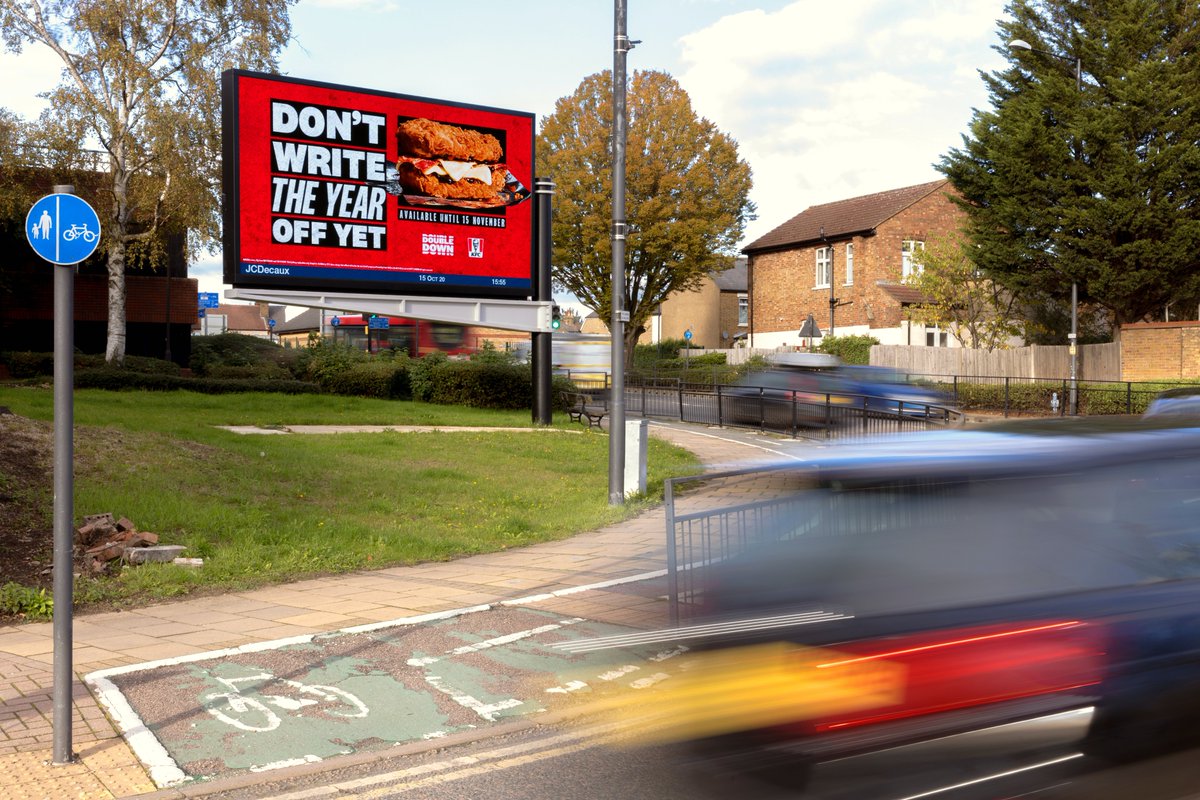 Don't write the year off yet! 🍗 🍔

<a href="/KFC/">KFC</a>'s latest #DoubleDown #DOOH campaign is live until the 15th November across Roadside, Malls and other large formats. Tasty stuff.

<a href="/mindshare_uk/">Mindshare UK</a> <a href="/JCDecaux_UK/">JCDecauxUK</a> 

kfc.co.uk/kfc-double-down