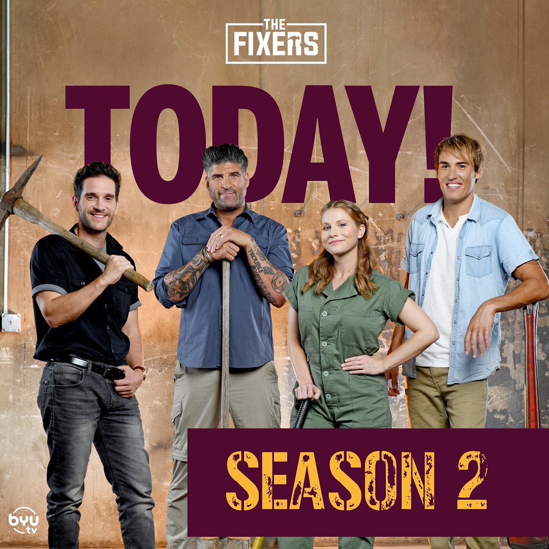 BYUtv's tweet photo. The fantastic four are back! 🤩 Tune in today at 9 pm ET/6 pm PT for the Season 2 premiere of @FixersTv! Who's ready for new places and new life-changing projects? 🛠️🙋 #BYUtv #TheFixers https://t.co/q5LQidlWjU