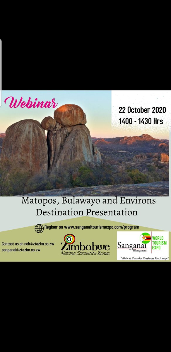 ZtaUpdates's tweet photo. Another exciting lineup of webinars for tomorrow.  

Register to participate on https://t.co/Zgb0D9jGx9 

#sanganai #worldtourismexpo #VisitZimbabwe #zimbho https://t.co/OIyt9tNV4G