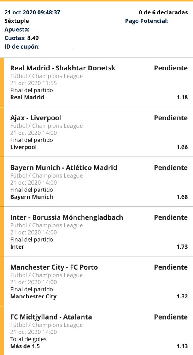 FutbolDirecto7's tweet photo. Vamos con una #funbet de la #UCL  solo para invertir unas pocas monedas. #futbol #apuestas #apuestasdeportivas #apuestasfutbol #apuestasgratis  #futboldirecto7 #colombia #RealMadridShakhtar #ajax #LiverpoolFC #BayernAtleti #InterBorussia #manchestercity #porto #Atalanta https://t.co/EIlzcmm1ED