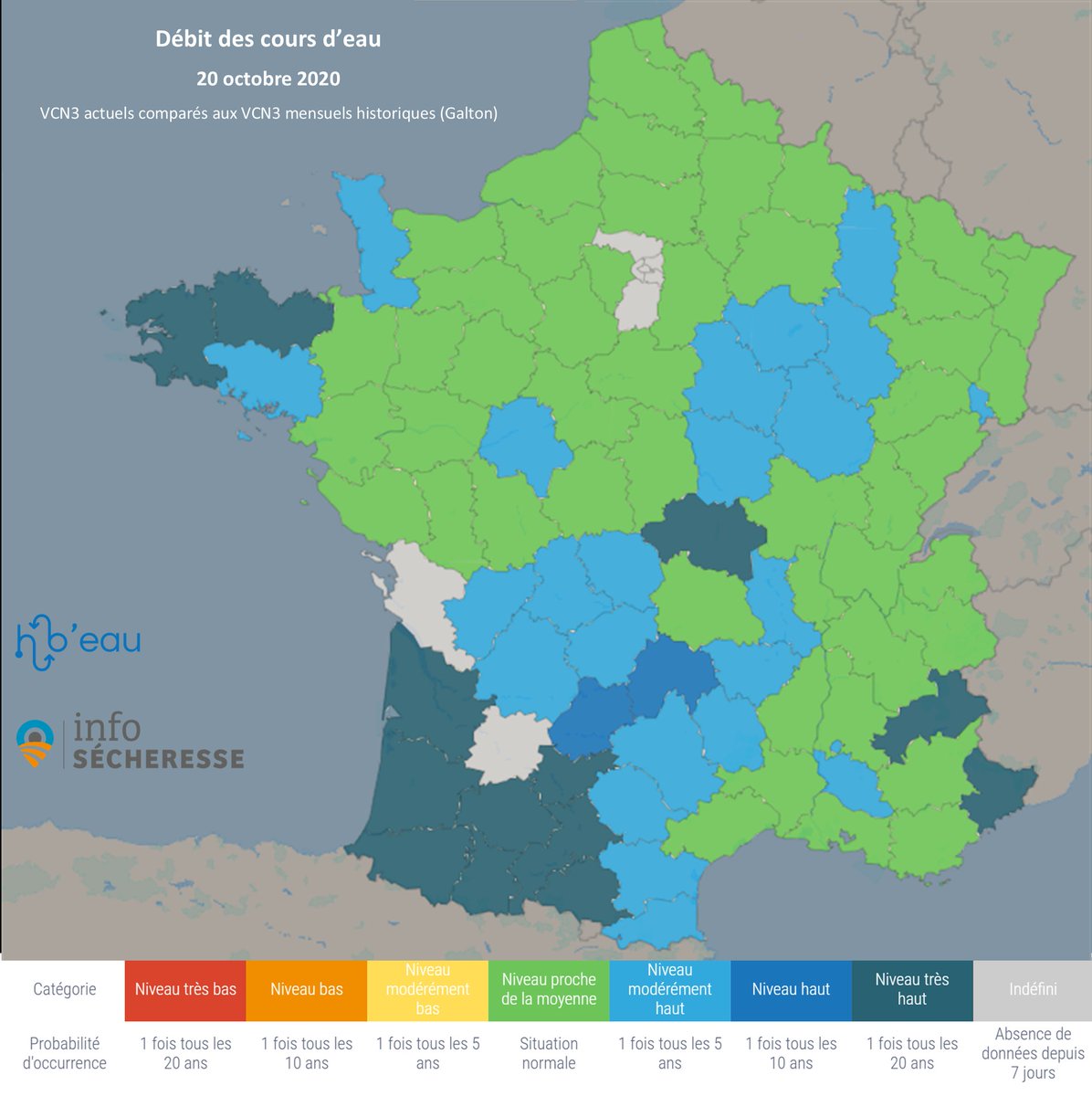 Sur une large partie du territoire, le cumul de précipitations en ce début d'automne est excédentaire de 50% à 140% par rapport aux normales de saison 🌧. Une situation qui met fin au déficit hydrique surfacique accumulé au cours de l'été 2020