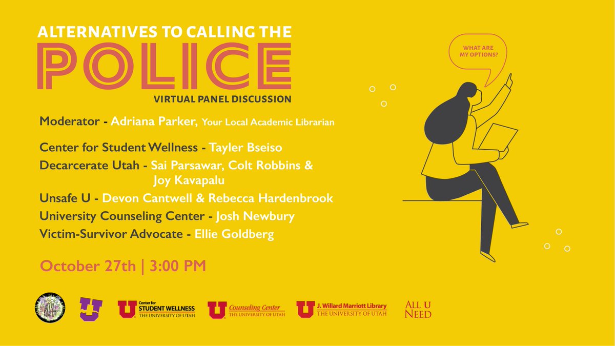 Join us for this upcoming virtual panel "Alternatives to Calling the Police" featuring <a href="/uofuwellness/">uofuwellness</a> <a href="/UofUCounseling/">U of U Counseling</a> <a href="/decarcerateutah/">decarcerate utah</a> <a href="/unsafeU/">unsafe.U</a> October 27th at 3PM. We will be broadcasting this discussion live on our Facebook.
facebook.com/events/2631397…