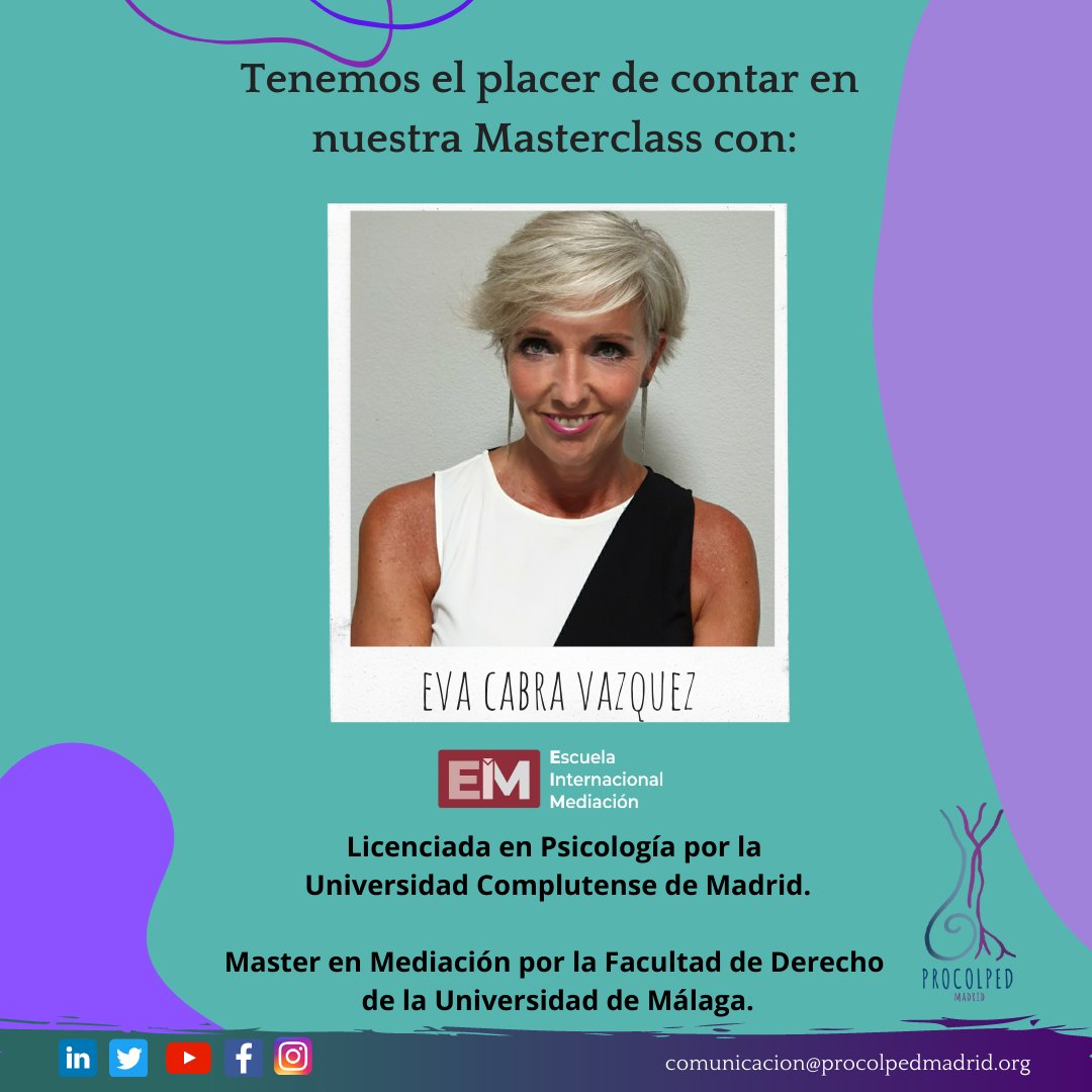 ProColPedMadrid's tweet photo. Os recordamos la Masterclass sobre mediación intrafamiliar (29-10//18:30). La ponente será: Eva Cabra.

Estamos encantados de contar con ella, ¡y esperamos veros allí! Podéis inscribiros en el siguiente formulario: 

https://t.co/IFOjcZMwZu

#Procolped #Pedagogia #Psicopedagogia https://t.co/Gpe4nP018v