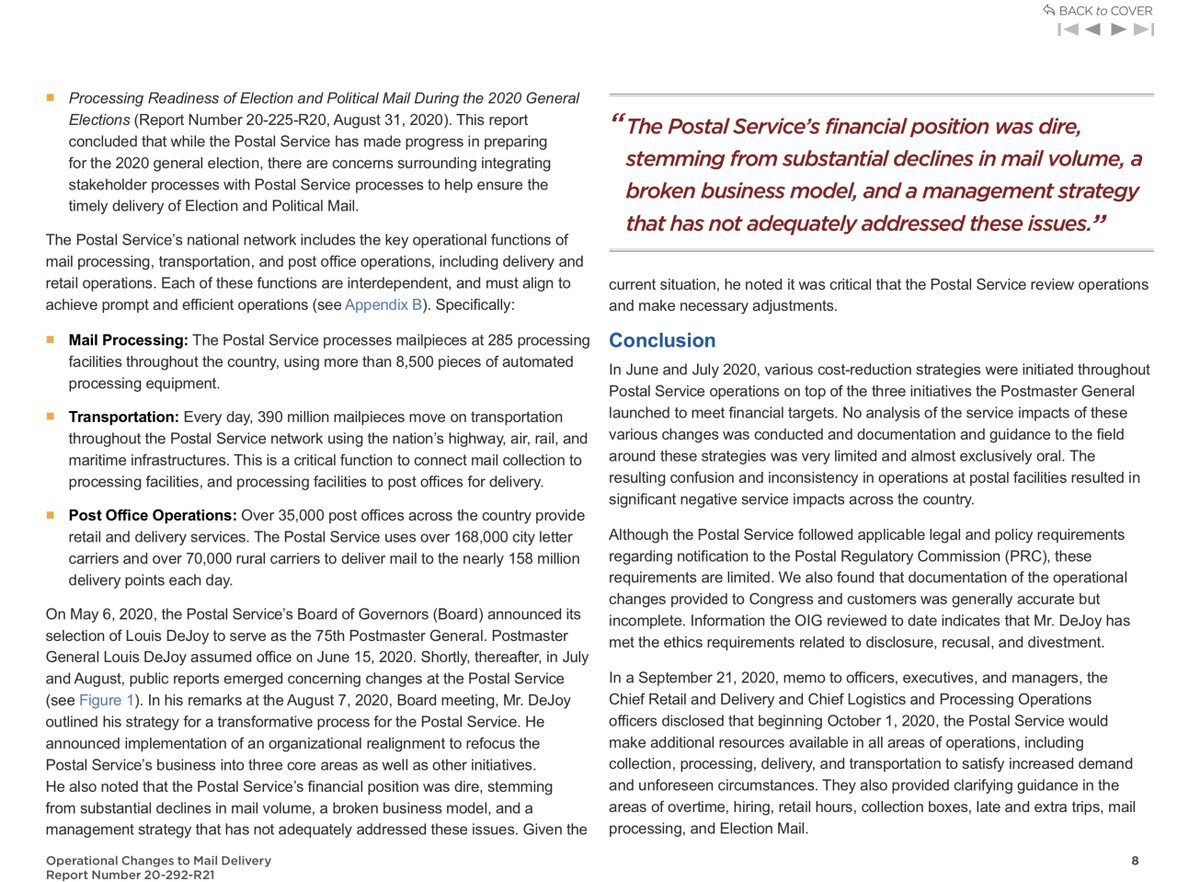 “According to Postal Service officials, the service impacts caused by the operational changes were temporary and will not impact election mail for the upcoming 2020 election. The Postal Service has established processes for handling election mail and efforts have been ongoing..