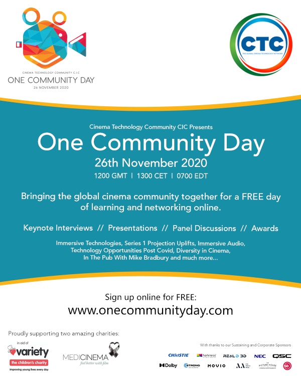 CTC_cinema's tweet photo. In case you missed it, we're hosting a special FREE to attend one day event on 26th November called One Community Day. Join us for a day of learning and networking online by visiting https://t.co/z8GFi86YKB.

#cinema #technology https://t.co/bWprTirPRa