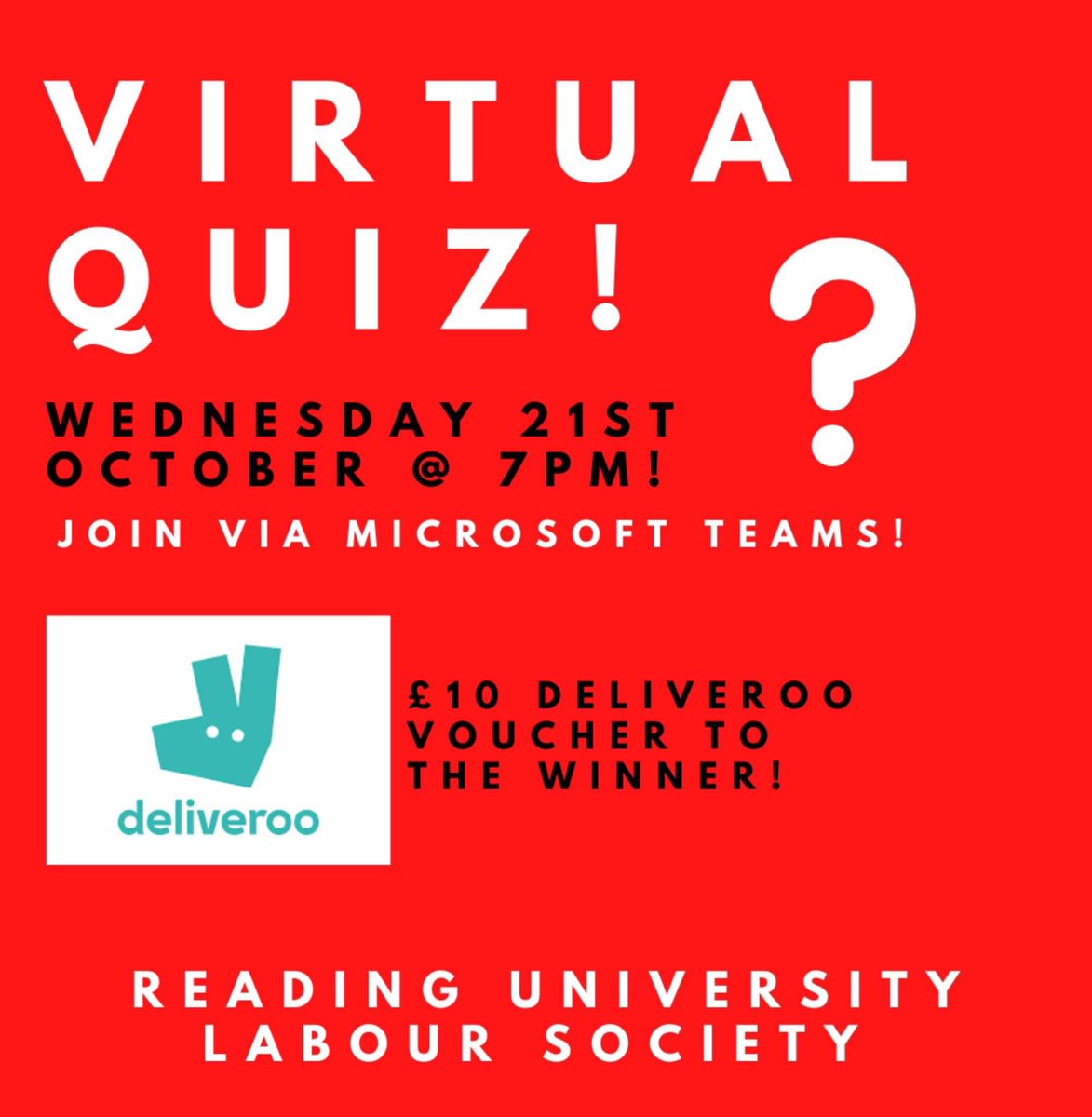 RuLabourSociety's tweet photo. QUIZ! 🎉🙌 Tonight at 7pm. Join via Teams and we’ll then get you set up on Kahoot! 

https://t.co/Ukka90pNUX

£10 Deliveroo voucher to the winner! 🎉🙌 https://t.co/rThIMpXNqZ