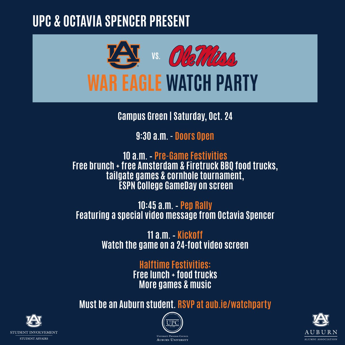 #Auburn students will get to experience a special gameday event this Saturday, Oct. 24 as Auburn alumna and Academy and Golden Globe winning actress <a href="/octaviaspencer/">octavia spencer</a> and <a href="/AuburnUPC/">Auburn UPC</a> present a War Eagle Watch Party of Auburn’s away football game vs. Ole Miss. aub.ie/watchparty