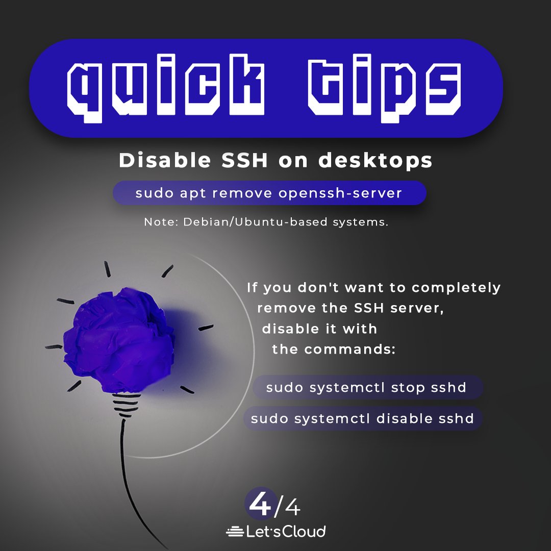 LetsCloudInc's tweet photo. Do you have security issues? I mean, on Linux, ok?
Let's fix that with our quick tips for the week!
Check our bio/blog for more!
#quickTips #securityTips #SafetyEnviroment
#LinuxTips #ssh #sshComands #sshSecurity
#cloud #cloudComputing #LetsCloud https://t.co/uWSPCJWEix