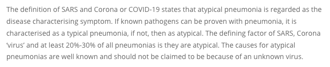 1) "The definition of SARS and Corona or COVID-19 states that atypical pneumonia is regarded as the disease characterising symptom."...