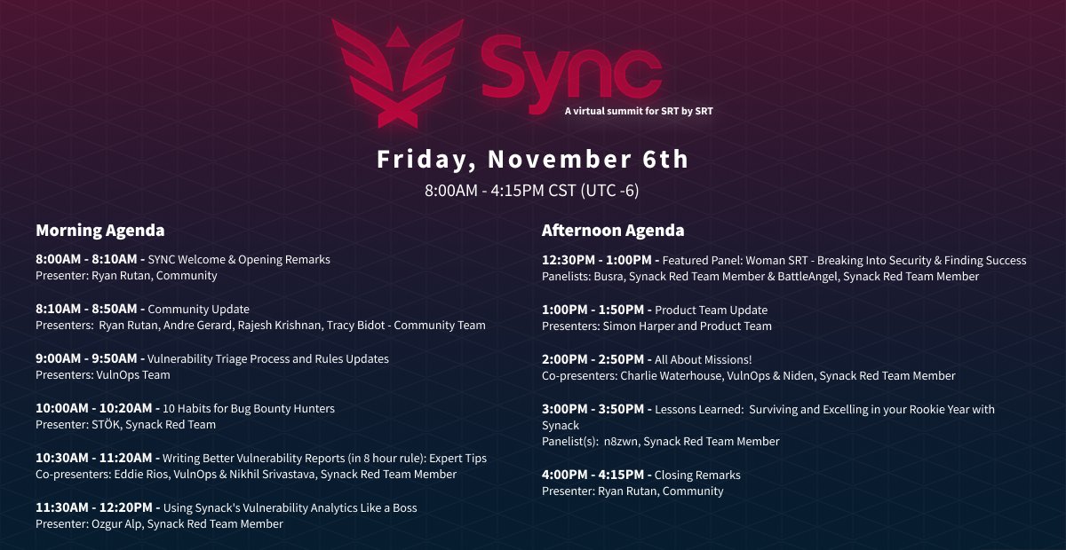 Adelaide Boghandel trappe Synack Red Team on Twitter: "Excited for the Sync Virtual Summit? Check out  the session schedule below. Who's ready? 🙌 https://t.co/UtlDelclcA" /  Twitter