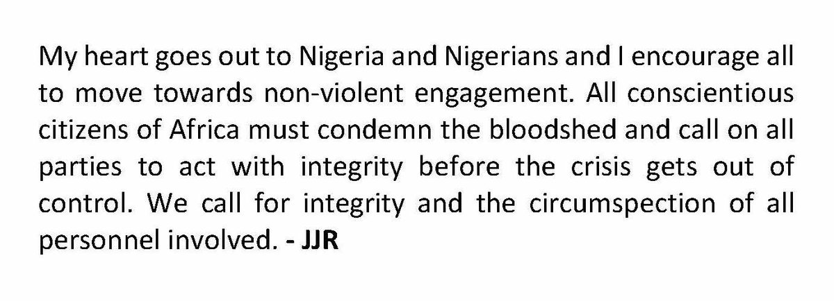 My heart goes out to #Nigeria and #Nigerians and I encourage all to move towards non-violent engagement. All conscientious citizens of Africa must condemn the bloodshed and call on all parties to act with integrity...