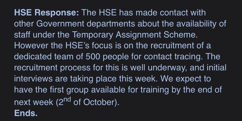 Towards the end of Sept, the HSE confirmed to me they were seeking to get staff from other Departments under the TAS