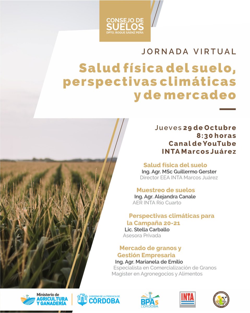 INTAMsJuarez's tweet photo. #AgendaINTA #Suelos #Clima #Mercado - Jueves 29 - Salud física del suelo, perspectivas climáticas y de mercado. Organizan INTA Laboulaye y @de_suelo @MinAgriCba #BPAs https://t.co/yRukROgel9