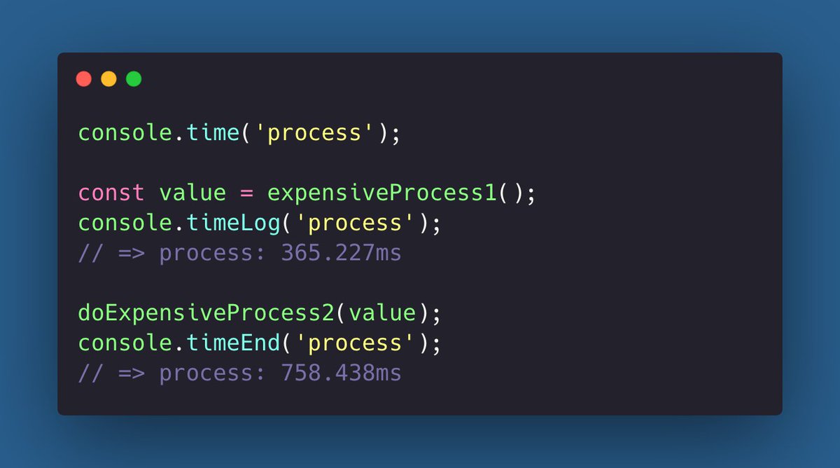 DevGuideDaily's tweet image. #NodeJS tip 😊 
𝗠𝗲𝗮𝘀𝘂𝗿𝗲 how long some expensive operation takes, by using 𝗰𝗼𝗻𝘀𝗼𝗹𝗲.𝘁𝗶𝗺𝗲 👍 
#100DaysOfCode #programming #CodeNewbies