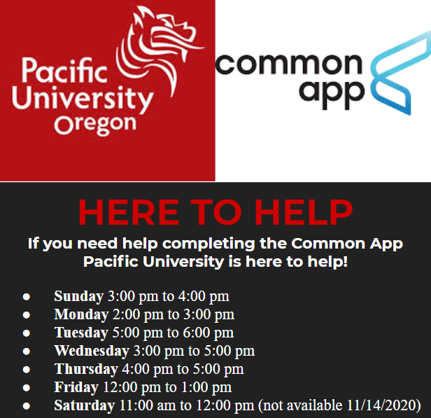 HELP COMPLETING THE COMMON APP! Students do not need to apply to Pacific University or sign up to attend either! Just click on the session they want to attend, and it’ll get you onto the Zoom meeting. 
Link here: pacificu.edu/admissions/und…