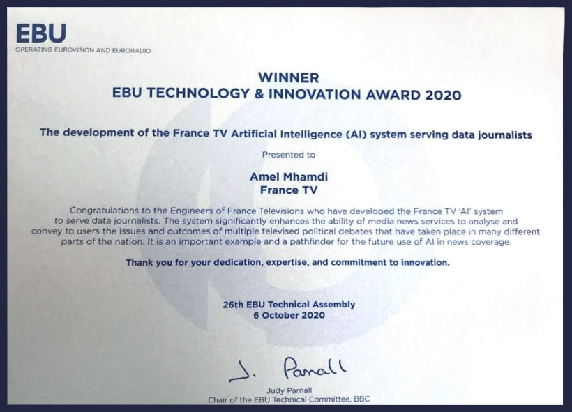 aivancityschool's tweet photo. 👏 Félicitations à Amel Mhamdi, Prof. associée en #MachineLearning et #DeepLearning, qui a reçu le prix Technology &amp; Innovation d'@EBU_HQ dans le cadre de sa collaboration avec @Francetele ➡️ https://t.co/6I5dkNooeS
#AI #AIaward #technologyaward #FranceTV https://t.co/AgDdCjAbJJ