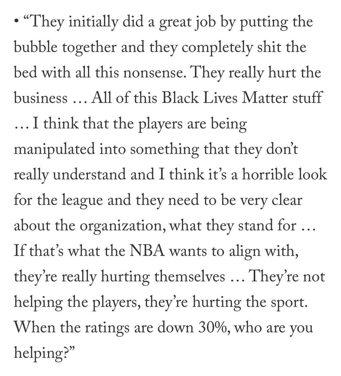 NickTuths's tweet image. It is irresponsible for ⁦@TheAthletic⁩ to print this, and have it remain anonymous.

Blaming young black men speaking out for out-of-season, restarted bubble ratings is AT BEST uninformed, and much-more-more-likely: disingenuous and craven.