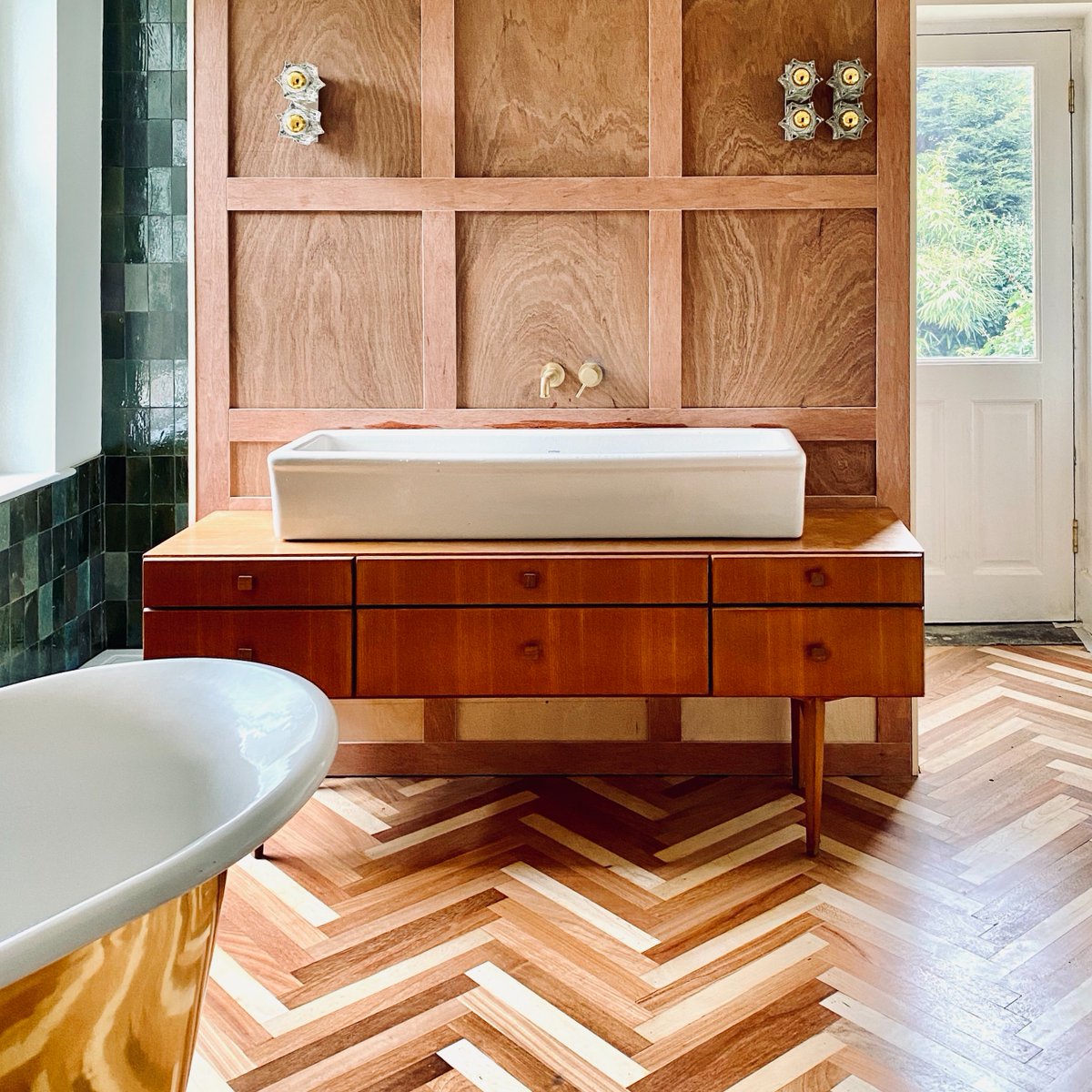 We are close to wrapping up on this stunning residential bathroom, with a real focus on reuse and salvage - it is truly a one off with a mix of various timber types, a brass tub for two, and a walk-in rain shower. All tied together with salvaged finds!