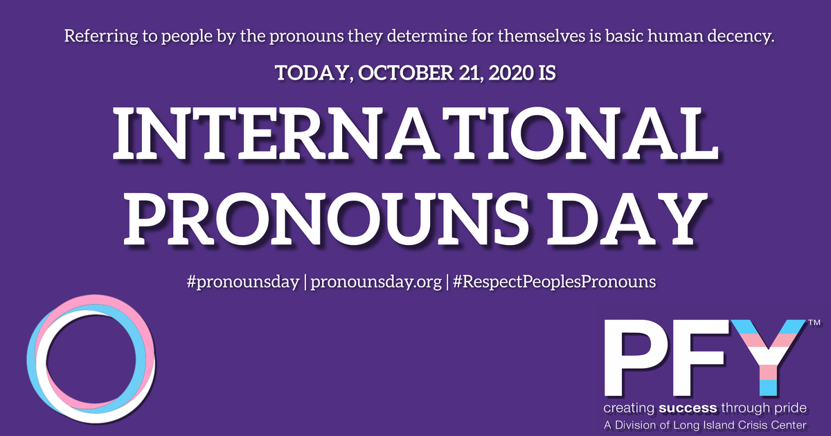 PFY is proud to support #InternationPronounsDay !
#RespectPeoplesPronouns and stand with us today to bring awareness to the importance of asking people's pronouns. PFY has programs and services for #trans and #nonbinary people! DM us for more info.