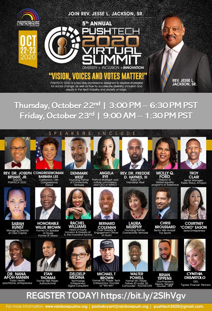 RPCoalition's tweet photo. 1 DAY AWAY!YRegister for #PUSHTech2020:Vision,Voices & #Votes Matter.DYNAMIC SPEAKERS...@PlayersPastor @RepBarbaraLee @denmarkwest @angela_rye @fhunscripted @QueenMollymol @TroyClair @sarahkunst #HonWillieBrown @heymsrachel @bernardcoleman3 #LauraMurphy -> https://t.co/OPKYlGZIJg https://t.co/wiPekPlD7x