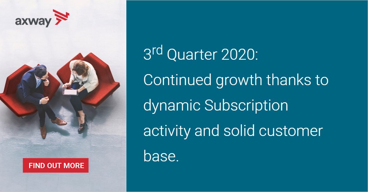 Axway's tweet photo. 3rd Quarter 2020: Continued growth thanks to dynamic Subscription activity and solid customer base. Read more in the press release. https://t.co/31uaJvkaon https://t.co/u0YqA71sWZ
