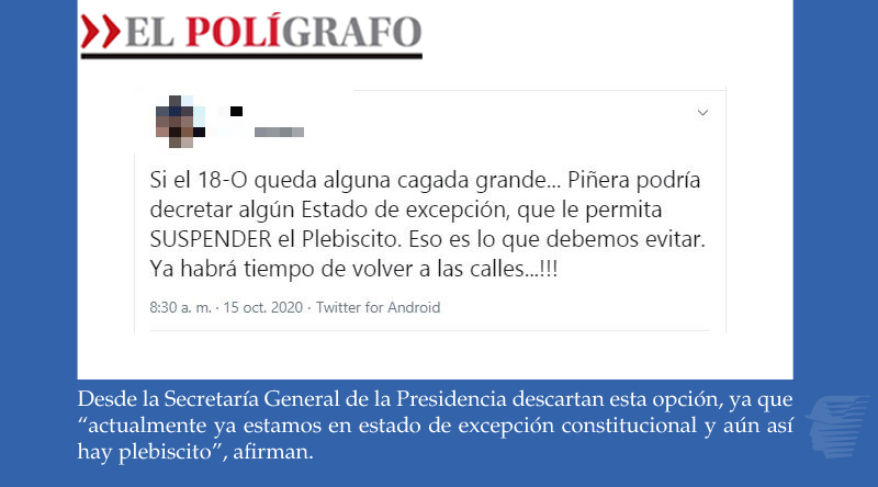 El Polígrafo | Noticias falsas en redes sociales: No se puede “suspender” el plebiscito por estado de excepción.
Escríbanos a elpoligrafo@mercurio.cl o al WhatsApp +56995336345 https://t.co/65ygoOzk6n https://t.co/YqxXvs6SiK