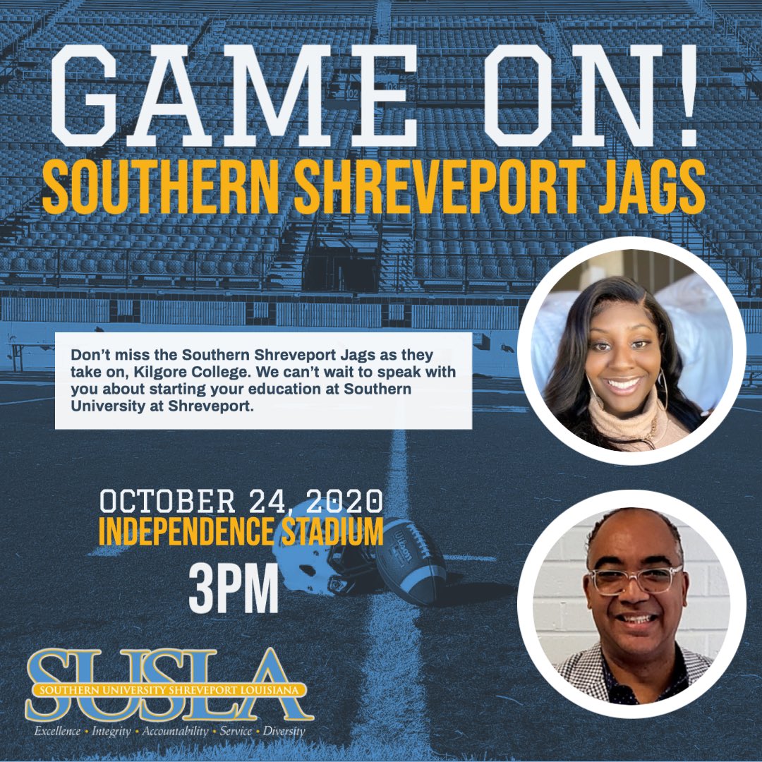 SUShreveport's tweet photo. Don’t miss the Southern Shreveport Jags as they take on Kilgore College. A recruitment representative will be available to talk to you about starting your education at Southern University at Shreveport. #ssjags #susla #gojags #jucofootball #comebesouthern https://t.co/wqZlLL2A4M