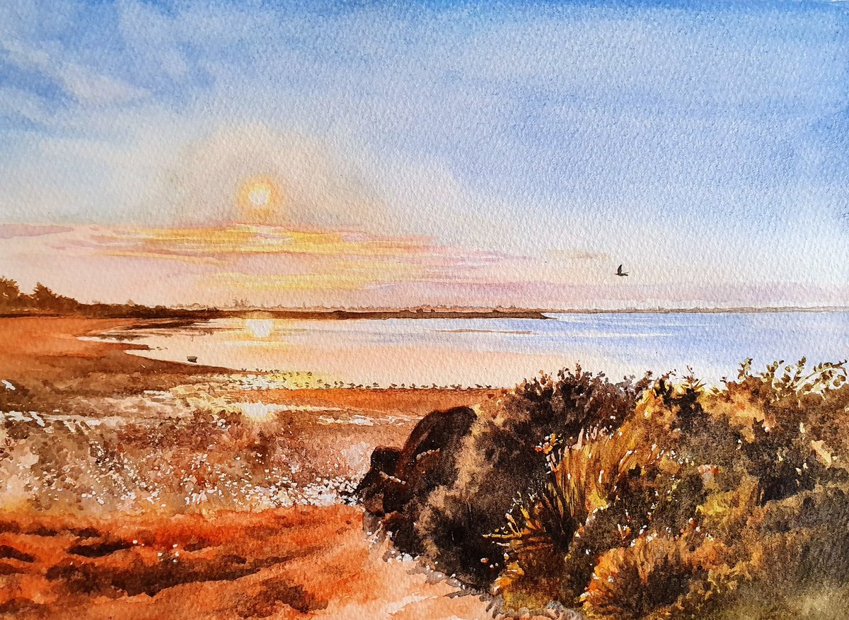 NickiEllulTurne's tweet photo. A cheery painting for a dull day! #prinsted #sunrise #watercolour #landscapepainting https://t.co/sKawt1mCyO