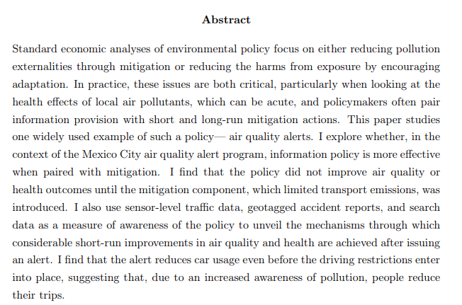 Sandra Aguilar-Gomez (Columbia SIPA):"Adaptation and mitigation of pollution: evidence from air quality warnings"Website:  https://sandraaguilargomez.com 