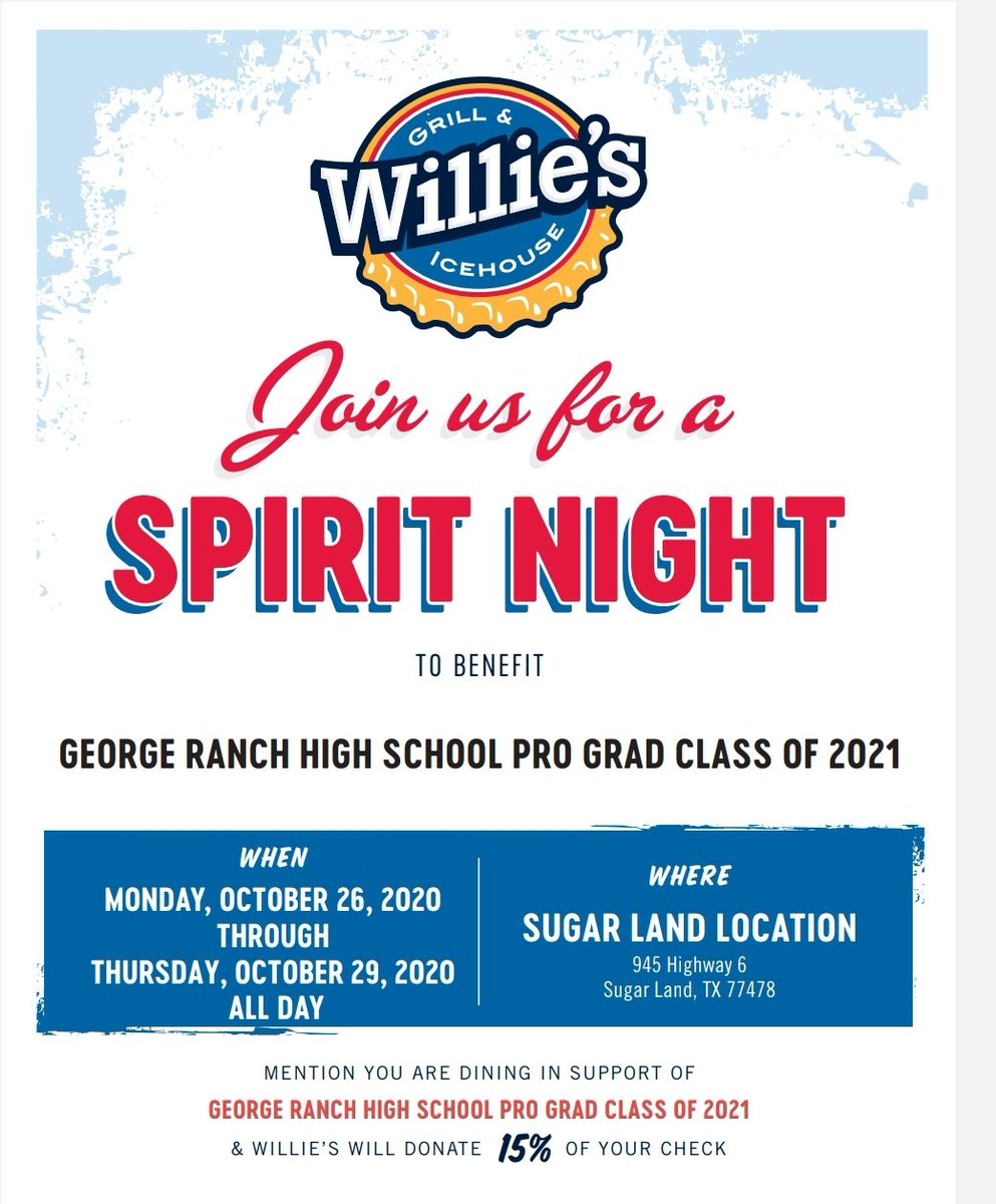 2021GRHSProGrad's tweet image. GRHS Prograd 2021 Spirit Nights! Mark your calendars and join the fun at Willie&apos;s Grill &amp;amp; Icehouse! Details 🔻🔻🔻!

#GHRSProGrad2021 #GRHS #SeniorSeason #WeAreGR