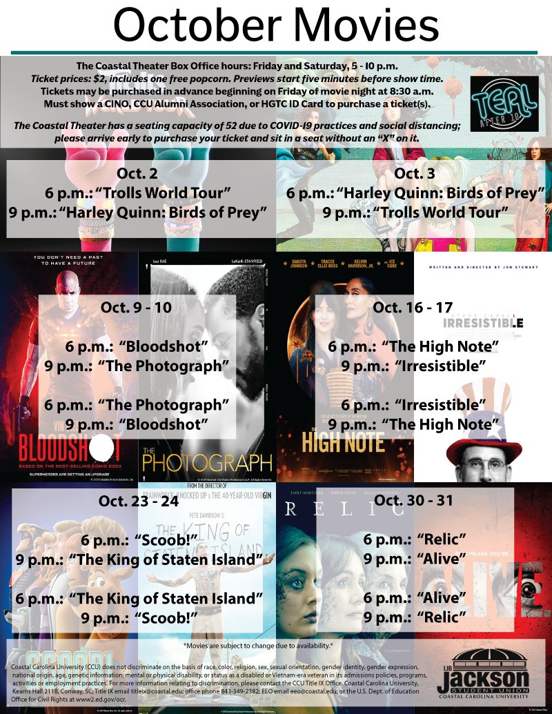 Get Involved @ CCU (@ccuinvolved) on Twitter photo Do you like Animation, Adventure, Comedy, and Drama...if so, then we have the movies for you this weekend with #Scoob! and #TheKingOfStatenIsland.  When you get your ticket, do not forget about the FREE popcorn and other snacks with @CCUFoodCrew has in the #MainStreetPOD. Do you like Animation, Adventure, Comedy, and Drama...if so, then we have the movies for you this weekend with #Scoob! and #TheKingOfStatenIsland.  When you get your ticket, do not forget about the FREE popcorn and other snacks with @CCUFoodCrew has in the #MainStreetPOD.