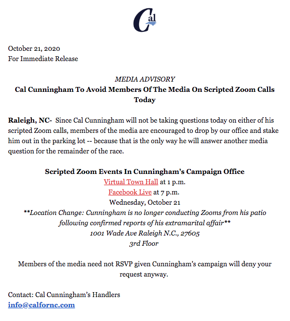 TeamTillis's tweet photo. Since Cal Cunningham isn't allowed to campaign with Kamala Harris today, here is his public schedule: https://t.co/poQJJy6jlW