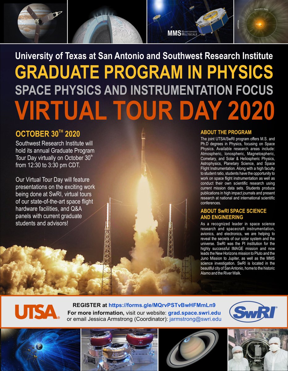 SwRI's tweet image. Calling all students! Join SwRI and @UTSA for a virtual tour of the Graduate Program in Physics @UTSA_PhyAst scheduled for October 30 from 12:30-3:30 pm. Register here.
docs.google.com/forms/d/e/1FAI…
