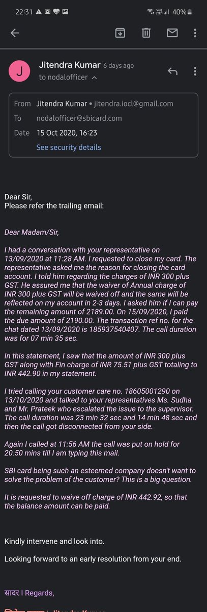 jeydtj's tweet image. Nodal officer of @SBICard_Connect does not even bother to reply the mail's. #falsecommitment #dontusesbicard