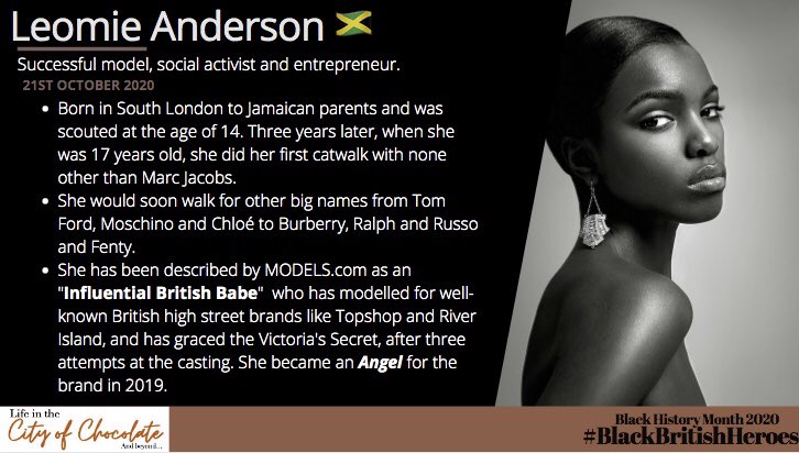 Our next Black British Hero this month is one of my favourite models ever it’s the gorgeous Leomie Anderson  @Leomie_Anderson  #BlackHistoryMonthUK    #BHM    #BlackBritishHeroes