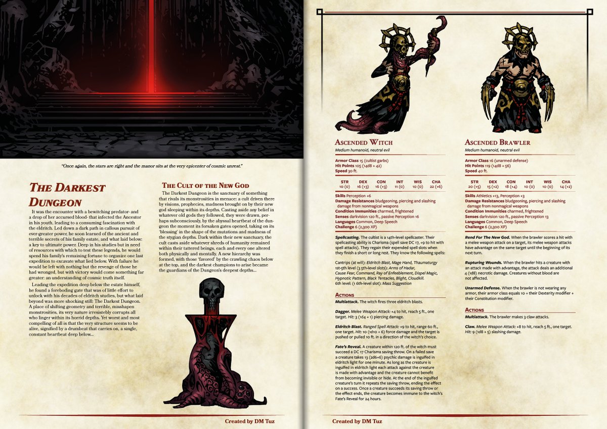 dm_tuz's tweet photo. Expanded Darkest Dungeon Monster Manual - The Darkest Dungeon 1/2
Link to Tokens &amp; PDF can be found in the reply #dnd #DarkestDungeon #homebrew #5e 
Take heart, the task's end is in reach! It is time to put this nightmare to rest. https://t.co/2cqPid1Xnz