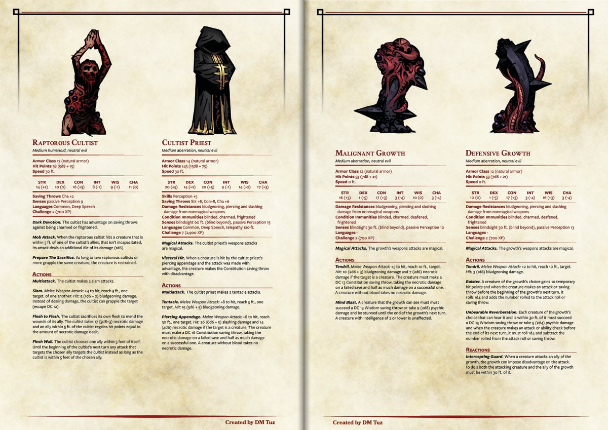 dm_tuz's tweet photo. Expanded Darkest Dungeon Monster Manual - The Darkest Dungeon 1/2
Link to Tokens &amp; PDF can be found in the reply #dnd #DarkestDungeon #homebrew #5e 
Take heart, the task's end is in reach! It is time to put this nightmare to rest. https://t.co/2cqPid1Xnz