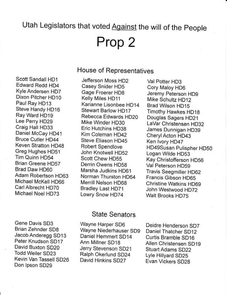 It's voting time. A reminder of which legislators voted against prop 2, directly contravening the will that the people had just expressed in an election.

#UTpol