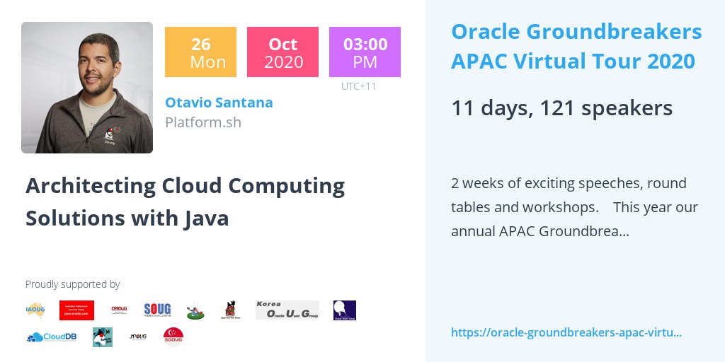 otaviojava's tweet image. Next week:
Excited to be speaking at Oracle Groundbreakers APAC!
Architecting Cloud Computing Solutions with #Java
@groundbreakers @platformsh @JakartaEE 
That is time to move your Java #application in the cloud
#oraclegroundbreakersapacvirtualtour2020
buff.ly/34BarBm