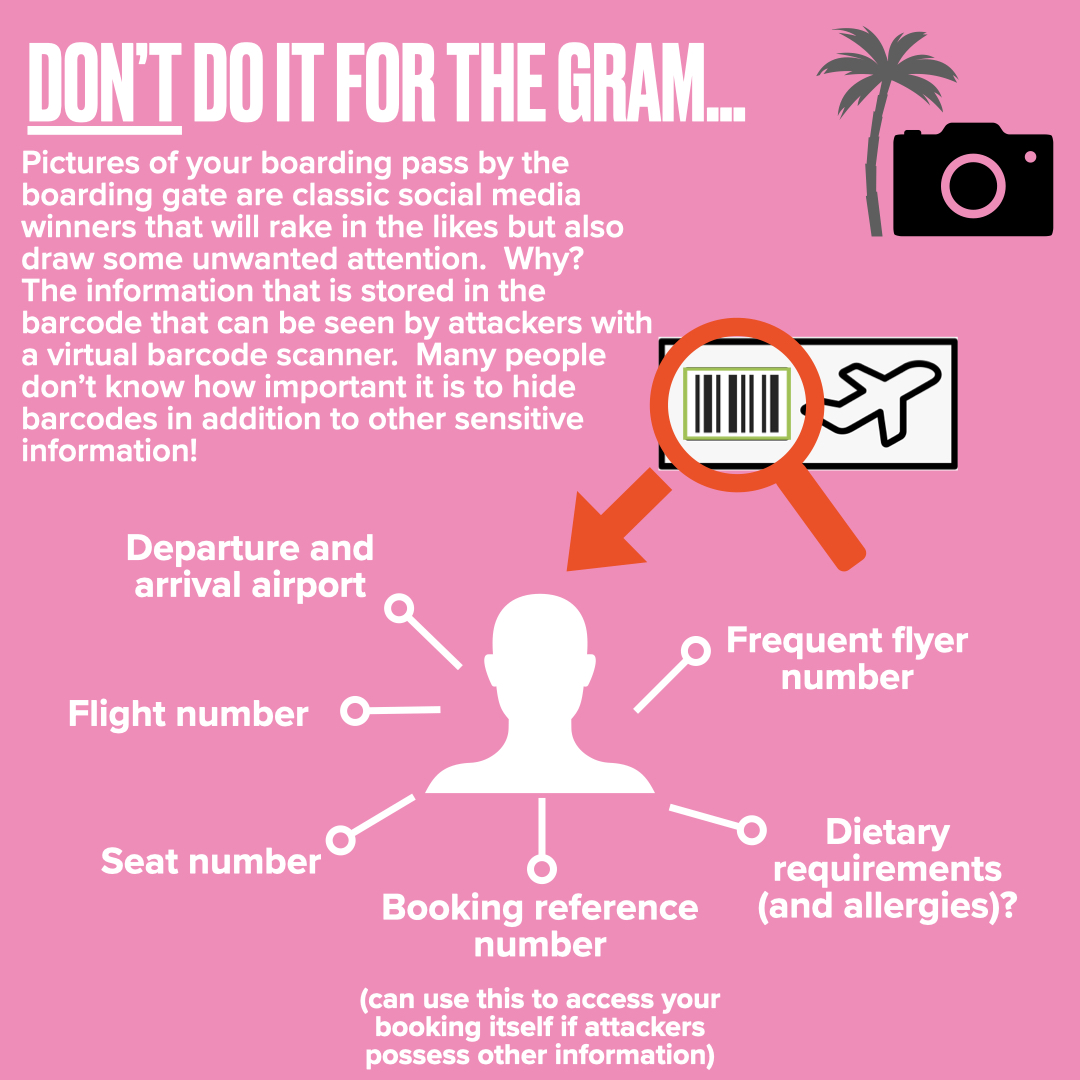 #CyberSecurityAwarenessMonth Sharing a pic of your flight ticket 🌴✈️🌅 actually carries a load of additional baggage as you inadvertently expose your sensitive information to anyone who has access to that photo🤳 If you must, it's always a good idea to hide the #barcode too: