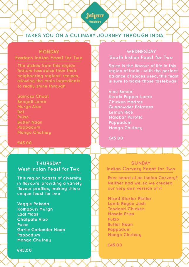Taking you on a culinary journey through India, we are excited to bring to you our special menu for different days of the week that are best enjoyed in the comfort of your home 💃
To place orders WhatsApp 087 103 8286 or call 01 845 5455.
*Please note offers cannot be combined