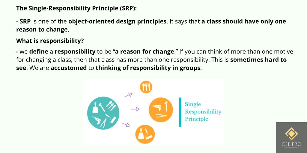 cse_pro's tweet photo. What Is the Single-Responsibility Principle In Object-Oriented Design? [1] (Part 1)
 
#SOLIDPrinciples
#SRP
#AgileSoftwareDevelopment
#Programming
#SoftwareEngineering
#CSE_PRO

[1] R. C. Martin, Agile Software Development,
Principles, Patterns, and Practices. 2014, pp. 95-98. https://t.co/cHRaiw5AWQ