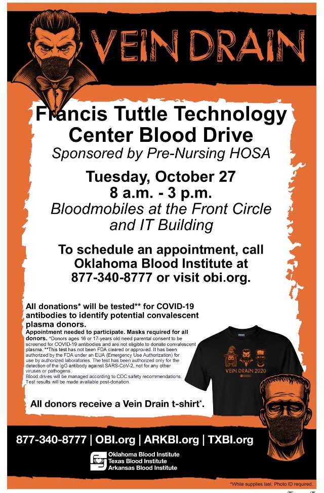 Our first blood drive of the school year is happening next Tuesday, October 27th!  We will have two mobile units on campus.  Consider stopping by to donate!
