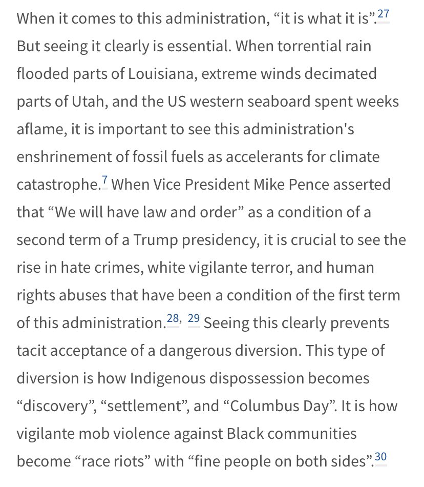 6. This is perhaps the most important (and my favorite) lines in the piece where we clearly outline the dangerous diversions this administration has concocted to obscure their failures and abuses. “These types of diversions are how Indigenous dispossession becomes ‘Columbus Day’”