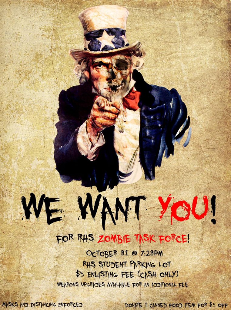 Do you have what it takes to survive the zombie apocalypse? 
Prove yourself on Halloween Night!
@ 7:23pm in the RHS parking lot be enlisted in the RHS zombie task force!! Masks and Social Distancing enforced! 
$5 entry fee (Cash Only!!) Or donate a canned food! 
Poster for info⬇️