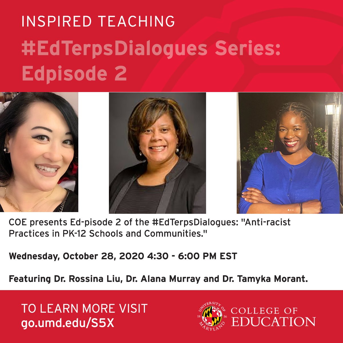 UMDCollegeofEd's tweet photo. COE presents Ed-pisode 2 of our #EdTerpsDialogues series: "Anti-racist Practices in PK-12 Schools and Communities" https://t.co/NUngZsCKQn
#EdTerps
#event
#UMD
#WhyEdTerps https://t.co/KKTzbZd7vM
