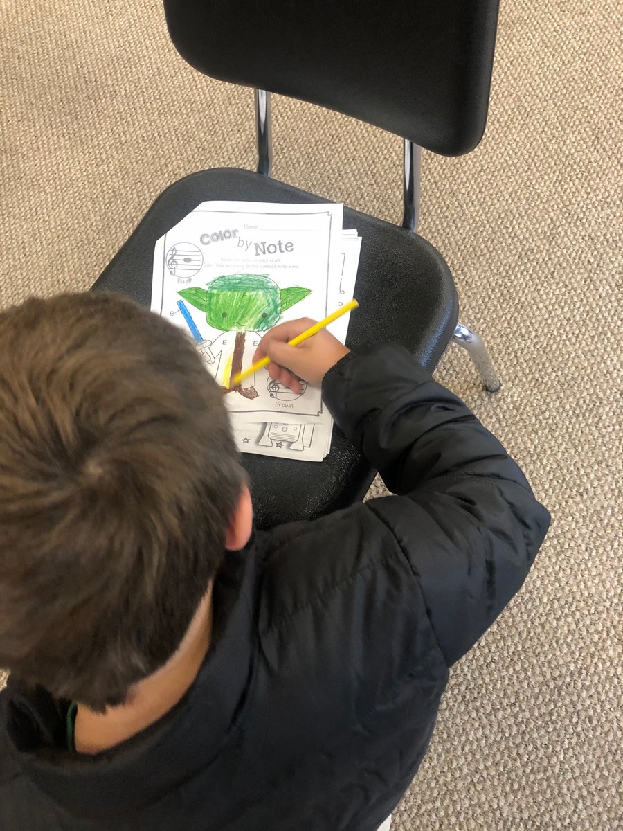 TrinityWestMus1's tweet photo. The force is strong in third grade! Students are using Star Wars themed worksheets to practice reading lines and spaces on the treble clef staff! https://t.co/ceiLM53rIj