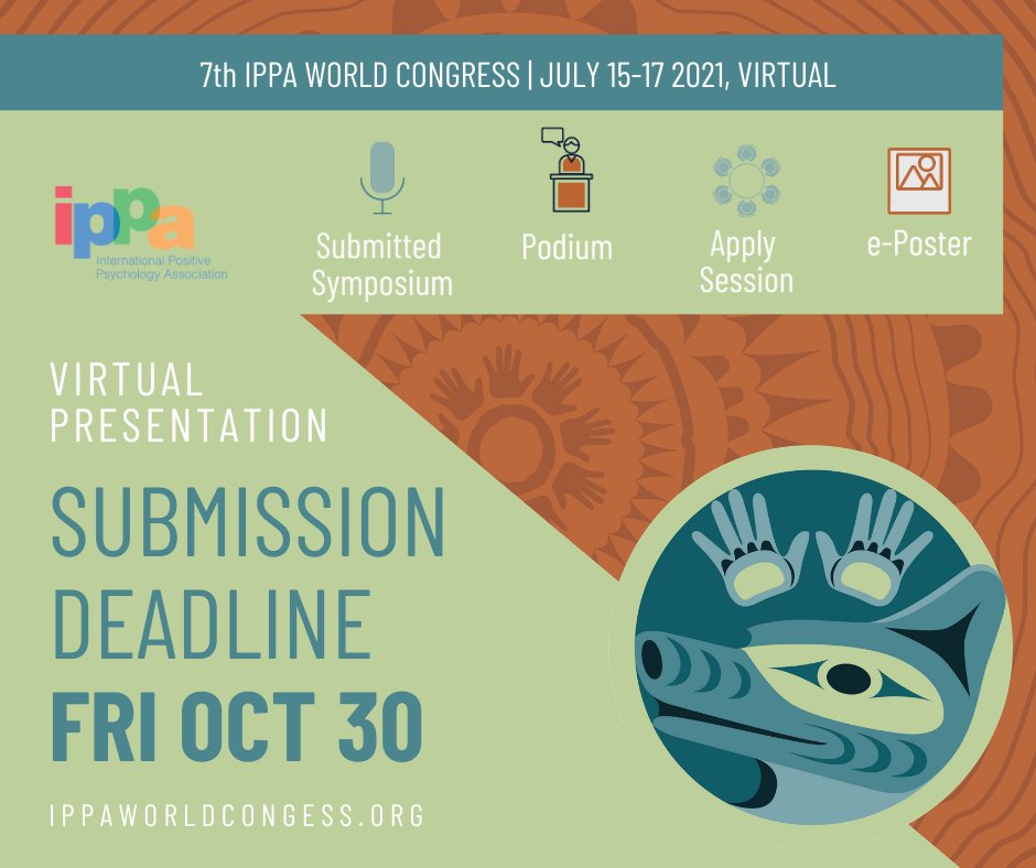 9 days left!  Submit your proposal to present at the 7th IPPA World Congress (Virtual July 15-17, 2021).  Go to IPPAWorldCongress.org/submissions today!  Present to leaders in leaders across #positivepsychology and #wellbeing, and more!  Submission deadline is Oct 30!  #virtual #psychology