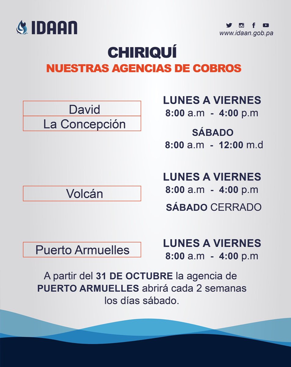 #Chiriquí: 🕖 Comunicamos a nuestros clientes los nuevos horarios y disponibilidad en nuestras agencias a nivel nacional. @311Panama https://t.co/tVaoZcixQb